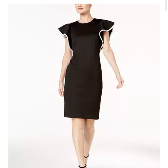 Calvin Klein Dresses & Skirts - Calvin Klein Black White Piped Ruffle Stretch Scuba Knit Sheath Dress Size 12